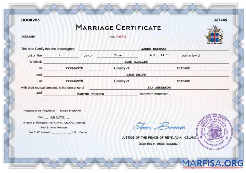 Realistic Iceland marriage certificate Word and PDF template